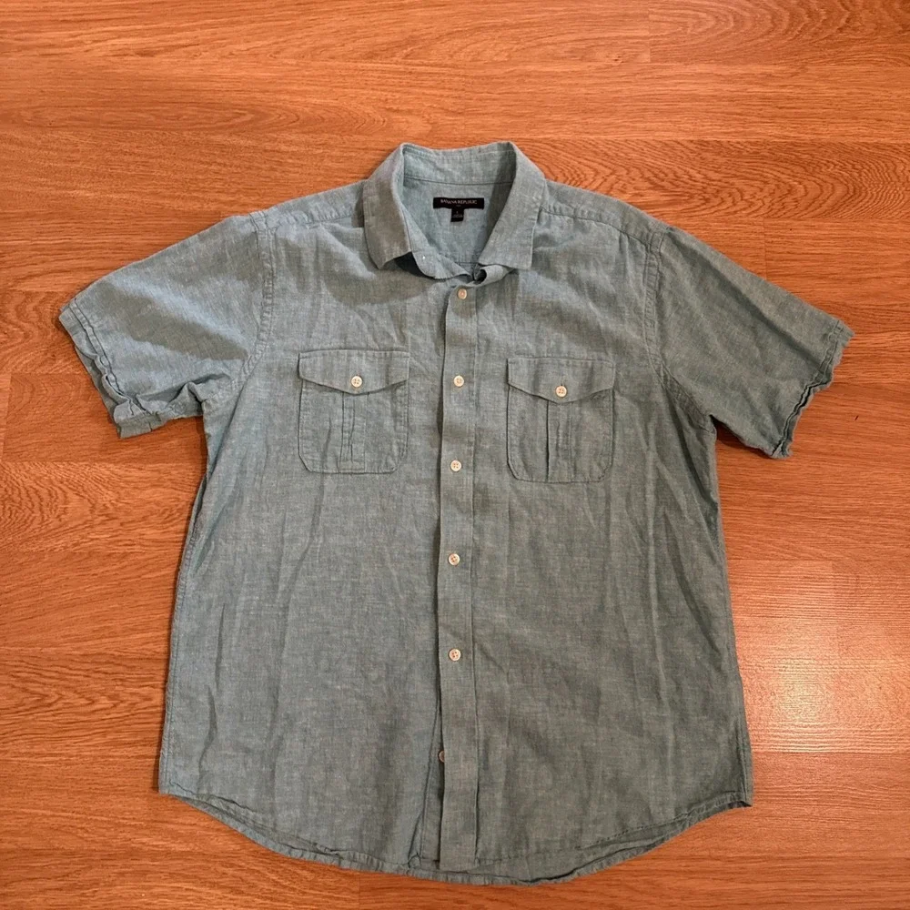 Banana Republic Shirt Men's Large Blue Linen/Cotton Blend Button Up Preppy